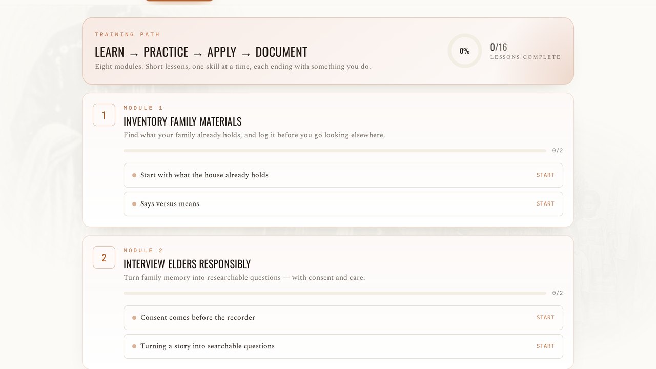 Training path screen showing module progress rings and lessons with start buttons