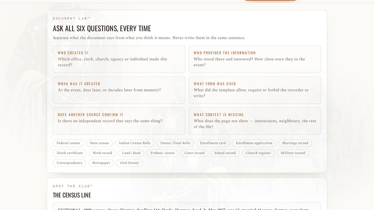 Document Lab screen listing the six questions to ask of any record