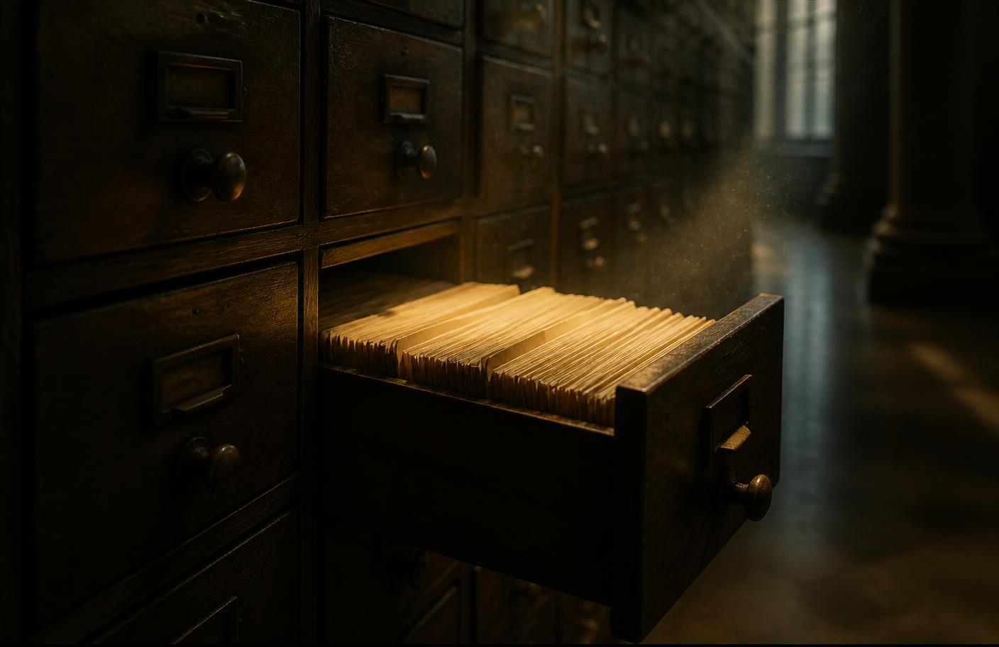 An open drawer of archival folders in a dim record repository lit by warm light