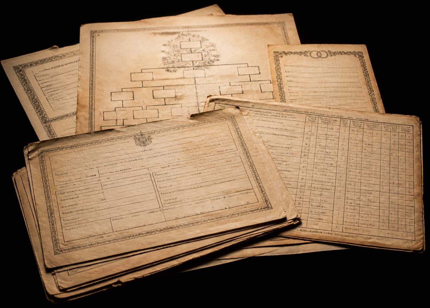 A stack of aged genealogy documents: family tree chart, census enumeration sheet, marriage and birth record forms